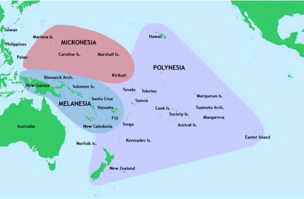Časti Oceánie. Autor: Kuhuroa, zdroj: https://en.wikipedia.org/wiki/Polynesia#/media/File:Pacific_Culture_Areas.png, licencia: Public domain