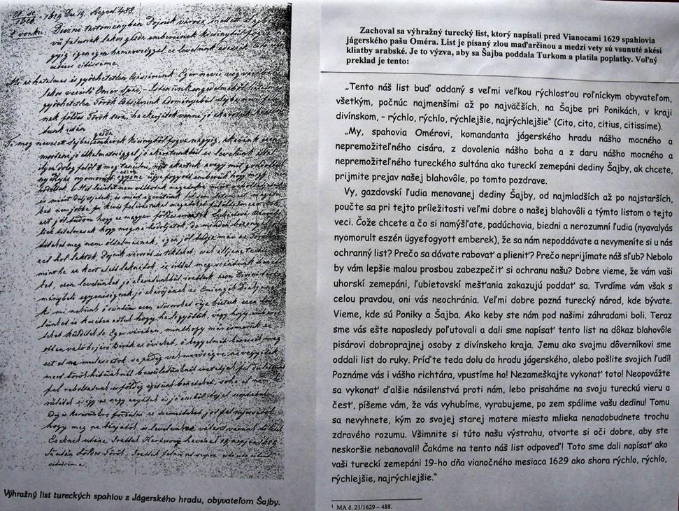 Výhražný turecký list ktorý napísali spahiovia jágerského pašu Oméra obyvateľom Šajby.