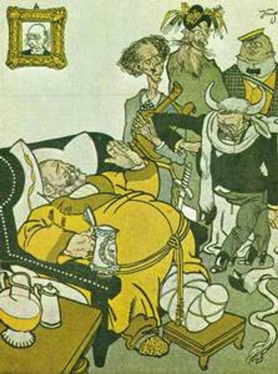 Karikatúra nájazdu na Neues Wiener Tagblatt, 1888. Vulgárny Schönerer v podnapitom stave a jeho fanklub národniarov.
