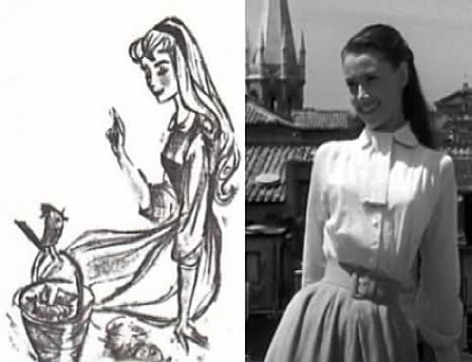 Nákresy budúcej Šípkovej Ruženky a záber z filmu Prázdniny v Ríme (1953), kde si rolu princeznej zahrala Audrey Hepburn.
