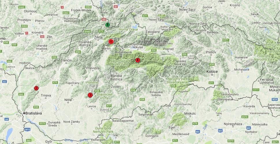 1-Veľký Kriváň, 2-Záruby, 3-Veľký Inovec, 4-Ďumbier, 5-Veľká Rača