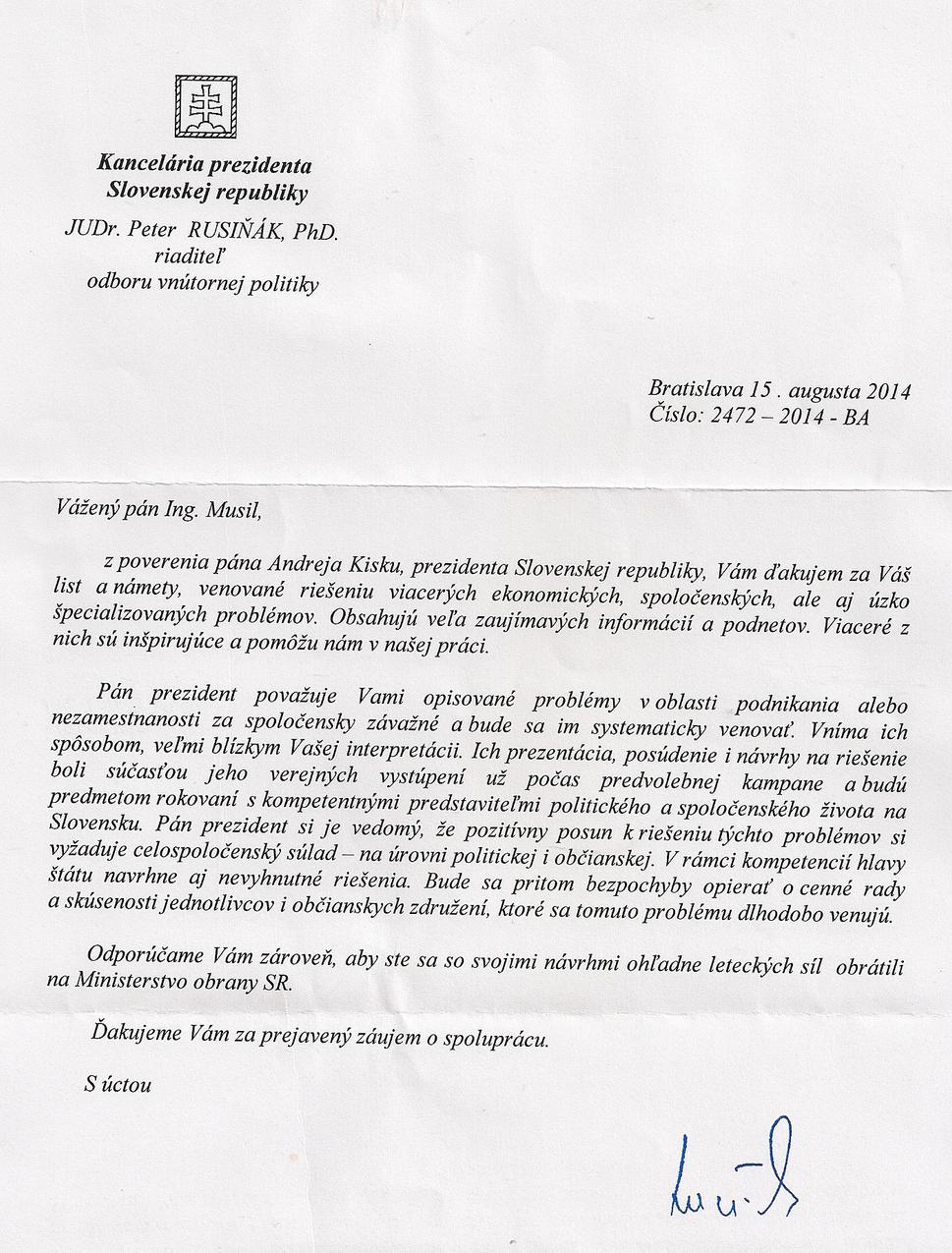 Odpoveď z Kancelárie prezidenta Slovenskej republiky