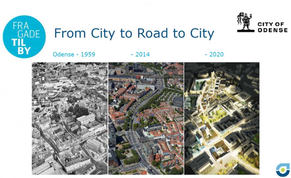 Odense pred vybudovaním cesty 1959, z cestou 2014 a po zapustení cesty 2020
