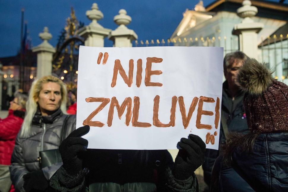 "No to the agreement," read one of the banners.