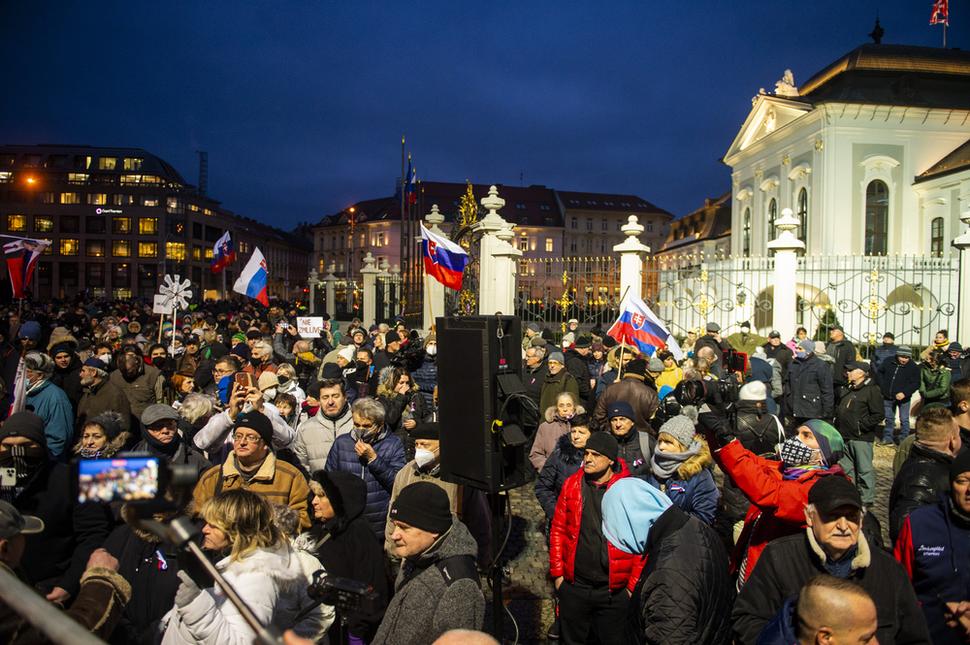 The crowd gathered in front of the Presidential Palace.