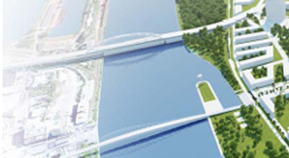 Obrázok 1. Výrez z Urbanistickej štúdie zóny časti celomestského centra Petržalka. V kontúrach prístavu navrhnutého na pravom brehu sa nachádzajú dnešné areály vodáckych klubov.