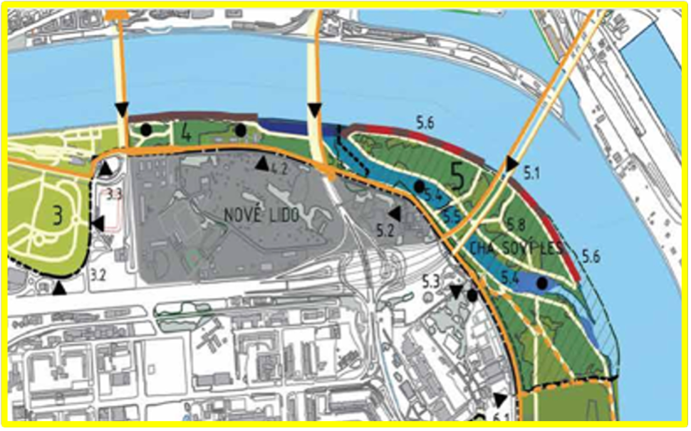 Obrázok 4b. Bratislavský dunajský park: detail územia Lida s prírodnou plážou a sprietočneným Ovsišťským ramenom.