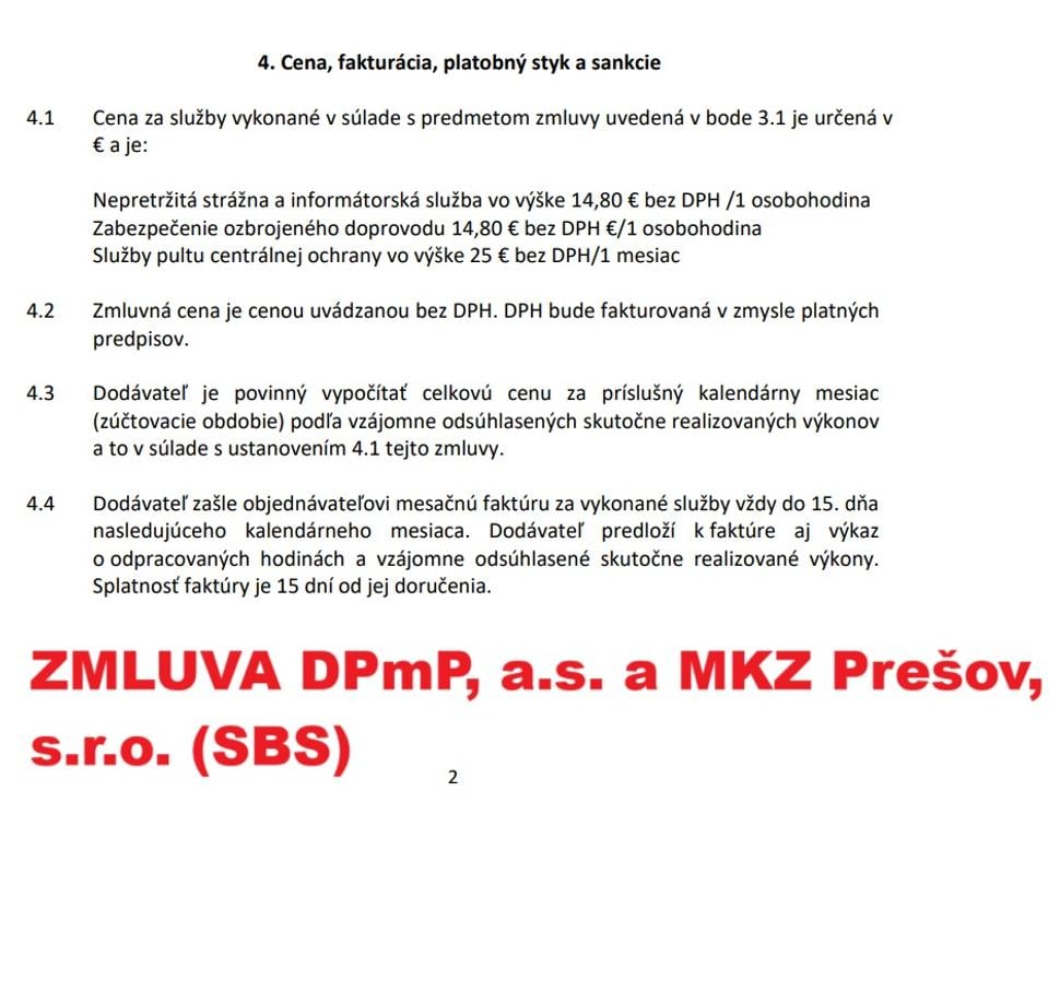 Zmluva na zabezpečenie strážne služby a prevodu hotovosti - Dopravný podnik mesta Prešov a MKZ Prešov, s.r.o.