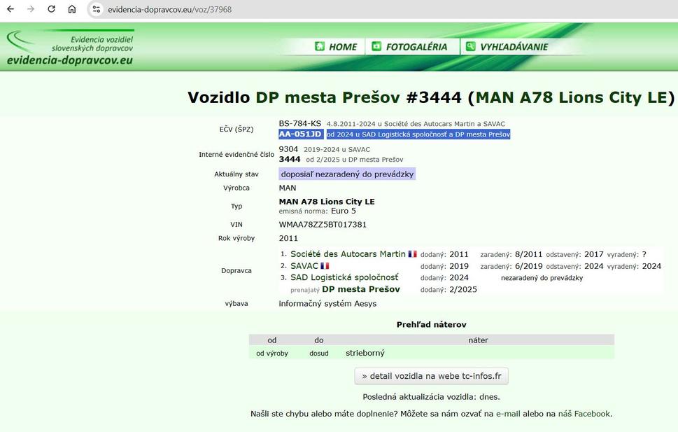 STK a Vozidlo DP mesta Prešov #3444 (MAN A78 Lions City LE)