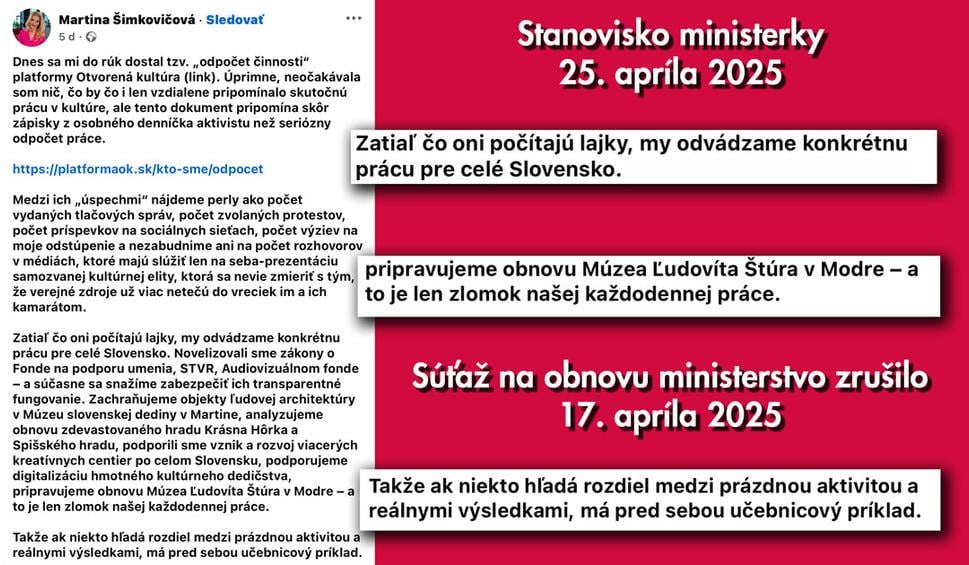 25.4. 2025 Ministerka Šimkovičová sa chváli "reálnymi výsledkami", okrem iného aj prípravou na obnovu Múzea Ľ. Štúra. Pritom 17.4. 2025 bola súťaž na obnovu zrušená.