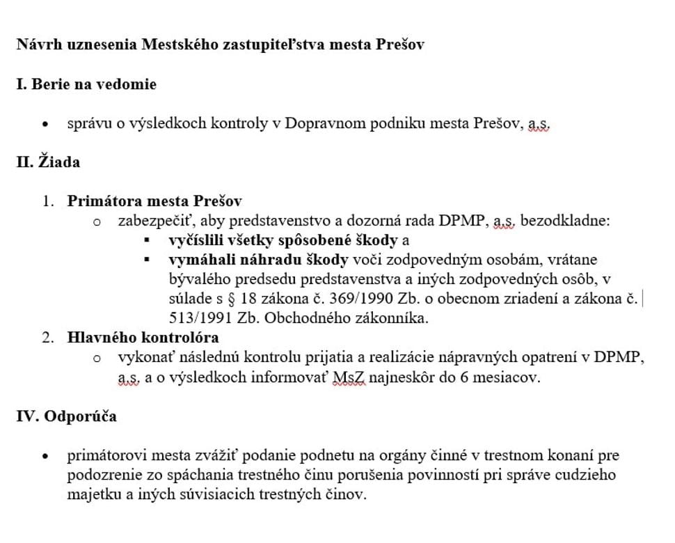 Poslanecký návrh uznesenia Mestského zastupiteľstva mesta Prešov
