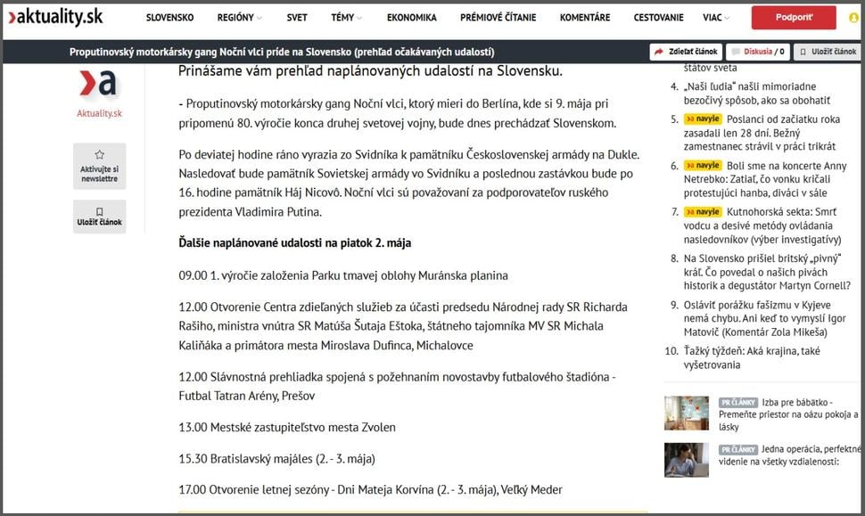 V sobotu 2. mája 2025 je najdôležitejšou udalosťou pre Aktuality.sk jazda ruského motorkárskeho gangu Noční vlci.