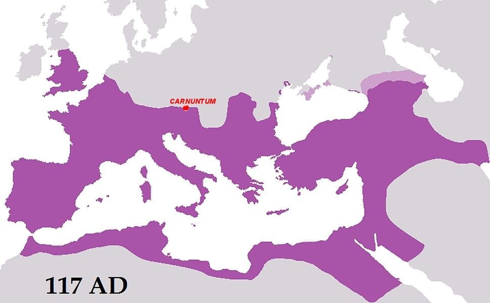 Mapa Rímskej ríše v dobe jej najväčšieho rozmachu, do ktorej som dokreslil polohu dôležitého strategického mesta Carnuntum.