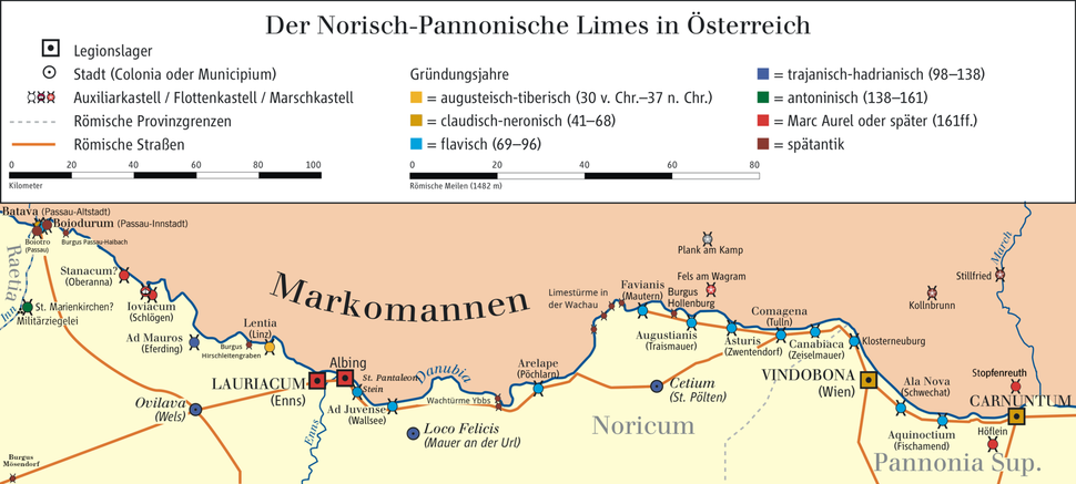 Sieť táborov rímskych légií, táborov pomocných jednotiek a strážnych veží na rakúskom území hranice Limes Romanus.