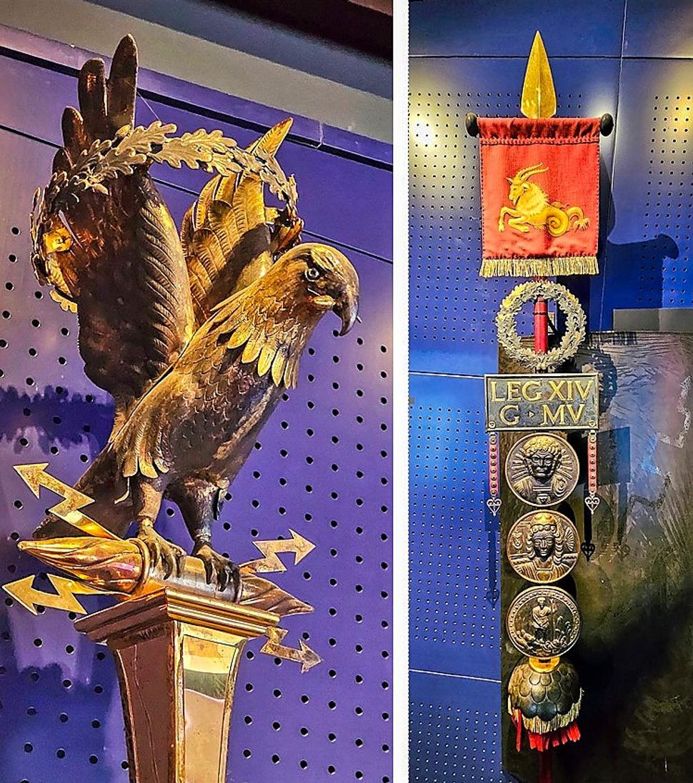 Petronell-Carnuntum: Vojenské insígnie rímskej armády. Legionársky orol prináležal každej z légií. Vpravo je štandarda Legio XIV Gemina, sídliacej v Carnuntume v rokoch 117 – 430 (do odchodu Rimanov z Carnunta).