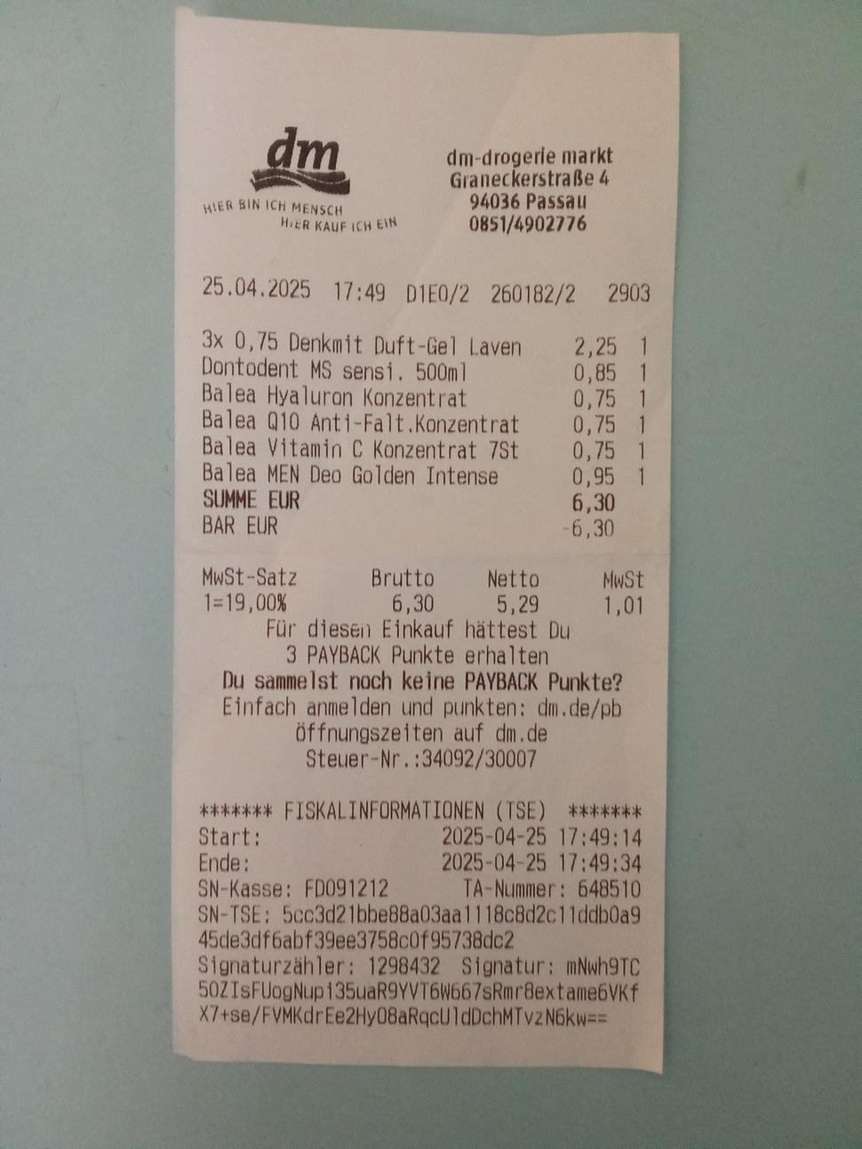 Pokladničný blok DM Markt Passau DE apríl 2025