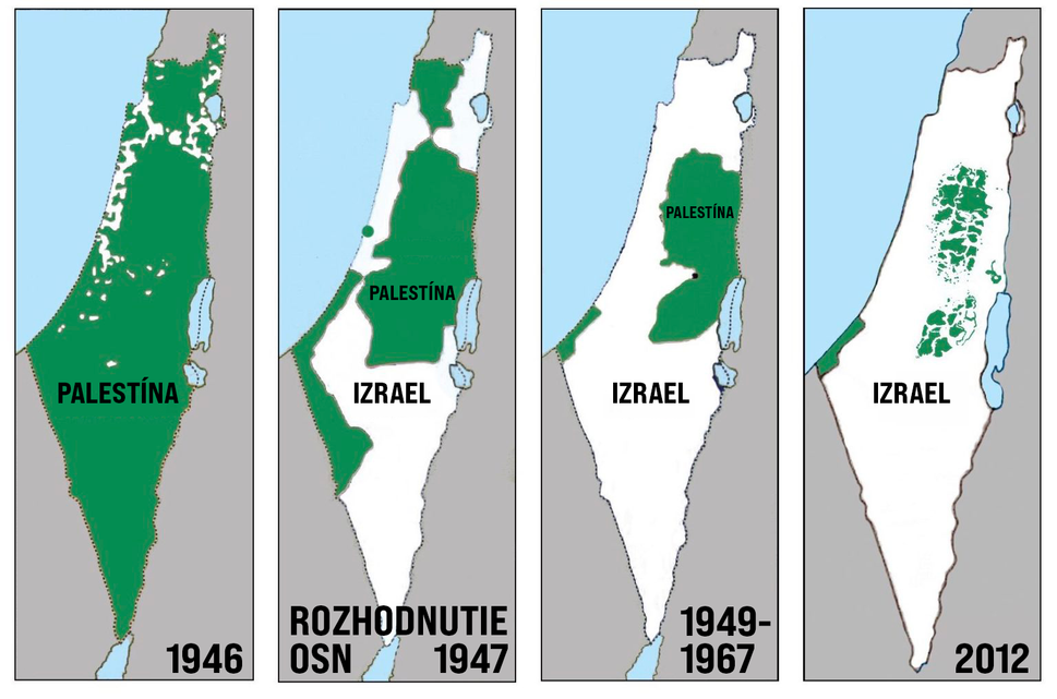 Na mape vľavo môžete vidieť územie Palestíny pred rokom 1947, kedy OSN rozhodlo o rozdelení územia na Židovské a Palestínske. Na nasledujúcich dvoch mapách je vidno ako boli Palestínčania počas rokov naďalej Izralelčanmi oberaní o svoje územie.