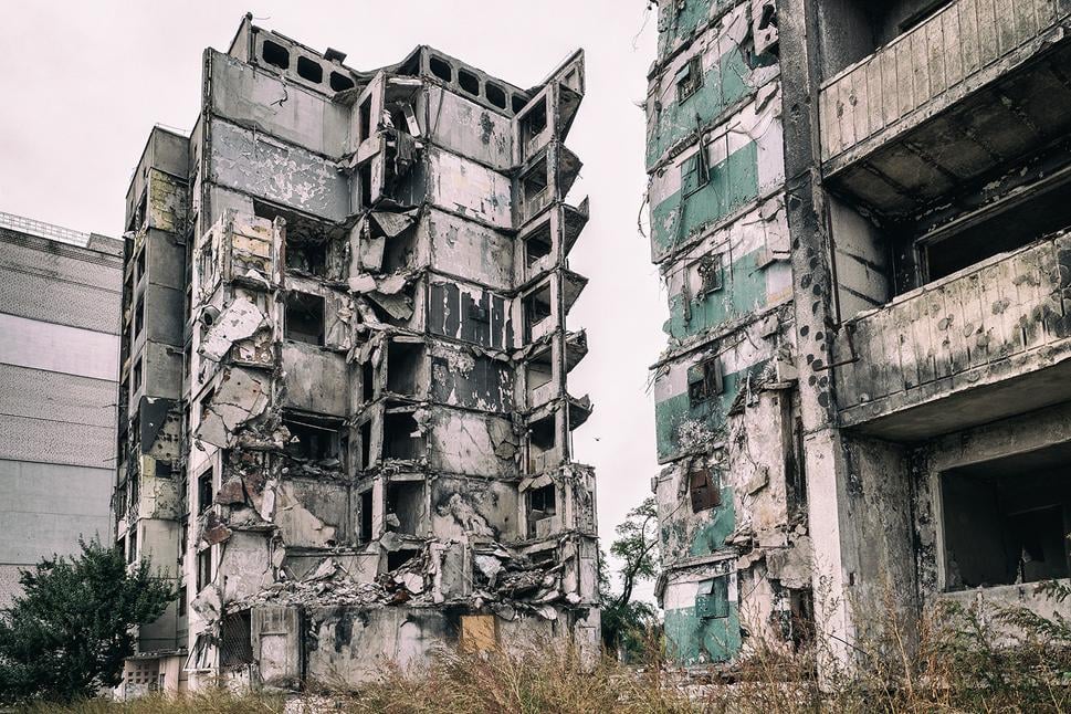 Zvyšky zbombardovaných domov v Borodyanke. Zahynulo tu viac ako 400 civilistov