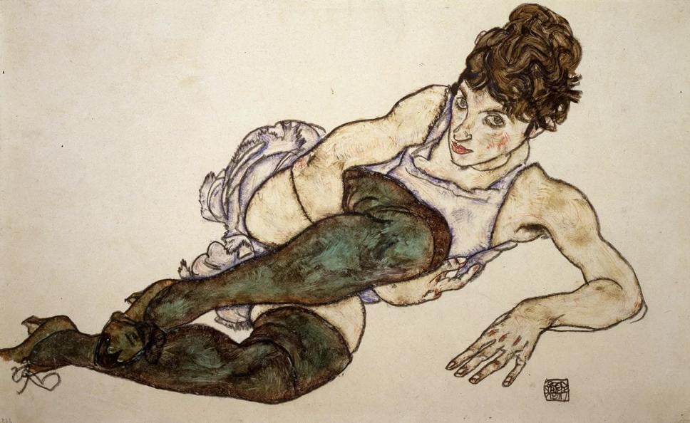 Egon Schiele: Žena v zelených pančuchách (Adele Harms), 1917
