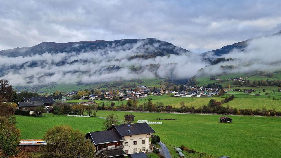 Ranný výhľad z nášho ubytovania. V stromoradí tečie riečka Salzach a pred ním vedie cyklistická cesta. Autor: Ľubor Šešera, licencia: CC BY-SA 4.0.