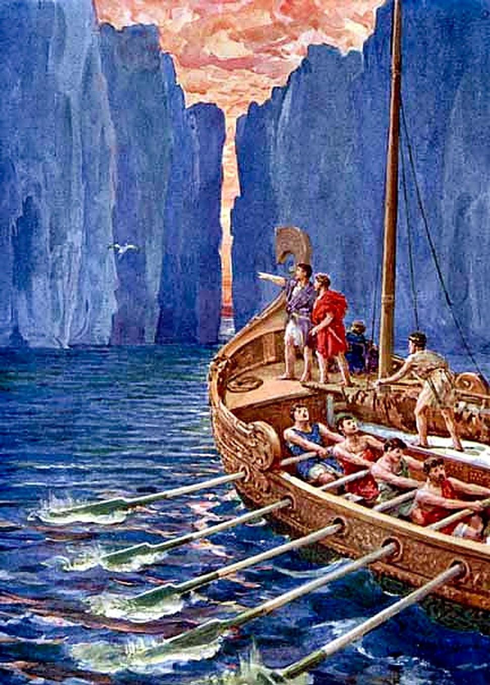 Ilustrácia Howarda Davieho pre knihu The Heroes od Charlesa Kingsleyho zobrazuje zrážajúce sa skaly, ktoré podľa gréckej mytológie ohrozovali plavbu Argonautov.