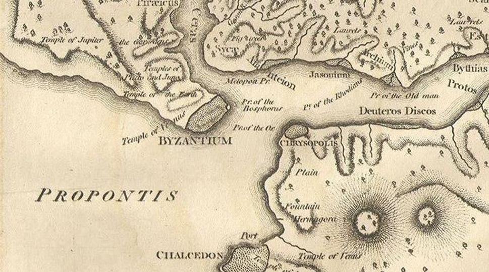 Stará mapa s vyznačením osád Byzantium a Chalkedon. Aj z tejto mapy vyplýva, že strategická poloha Byzancie bola pri kontrole Bosporského prielivu výhodnejšia ako Chalkedona.