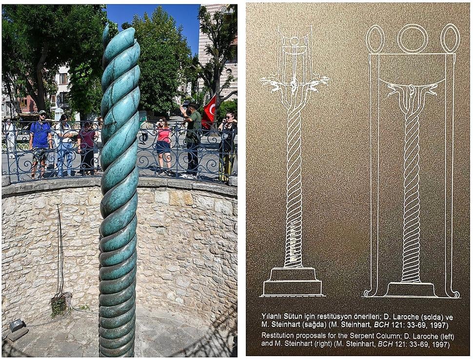 Hadí stĺp na námestí Sultanahmet a dve predstavy, ako mohol nepoškodený Hadí stĺp pôvodne vyzerať (fotka z Archeologického múzea Istanbulu).