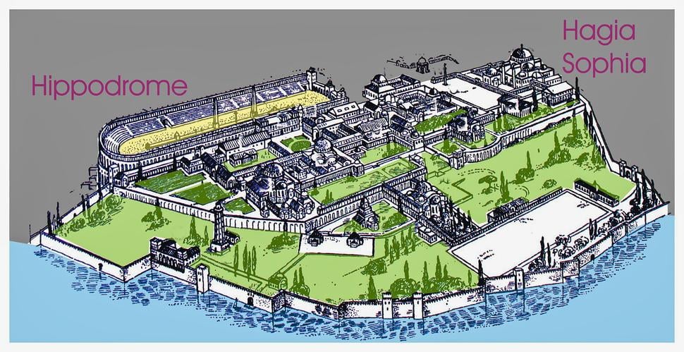 Letecký pohľad na Veľký palác, na ktorom je vidieť susedný hipodróm a chrám Hagia Sophia.