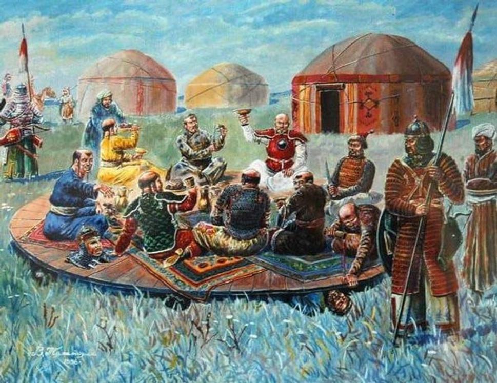 Rozdrvenie ruských zajatcov omotaných do kobercov pod pódiom, na ktorom Mongoli oslavovali víťazstvo