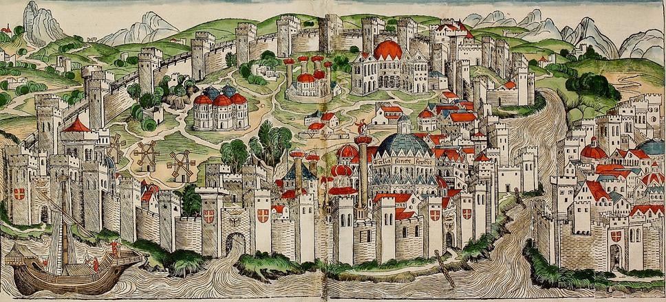 Hartman Schedel, mapa Konštantínopola, 1493, drevoryt