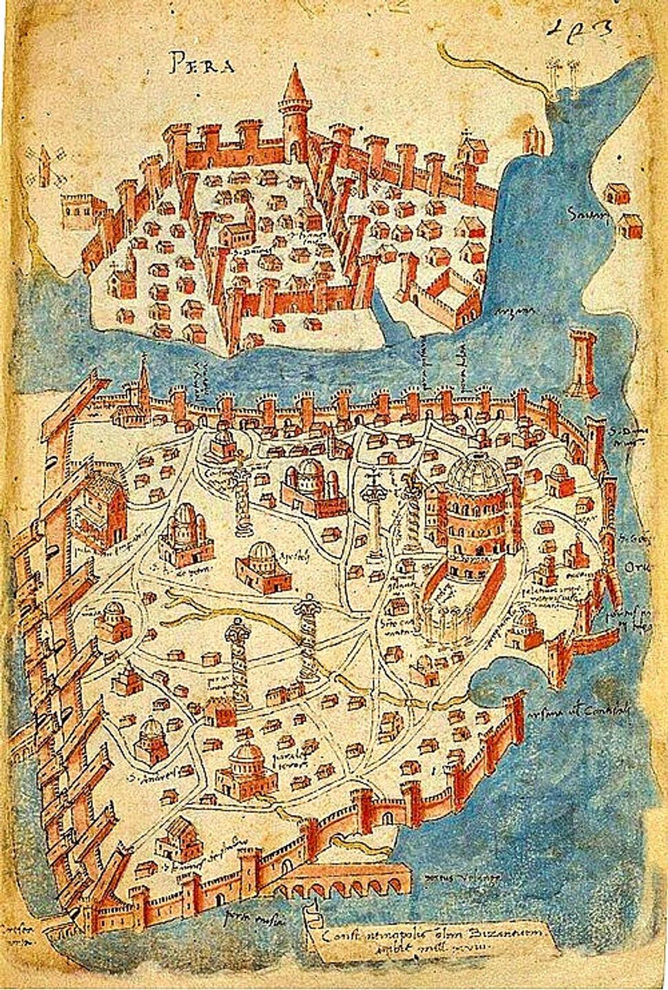 Mapa Konštantínopola a Galaty z kópie diela Liber insularum Archipelagi od Cristofora Buondelmontiho v Národnej knižnici Marciana, datovaná do obdobia okolo 20. a 30. rokov 15. storočia.