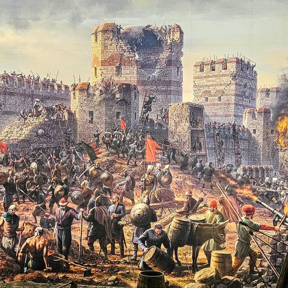 Scéna z Panoramatického múzea - dobývanie hradieb Konštantínopola.
