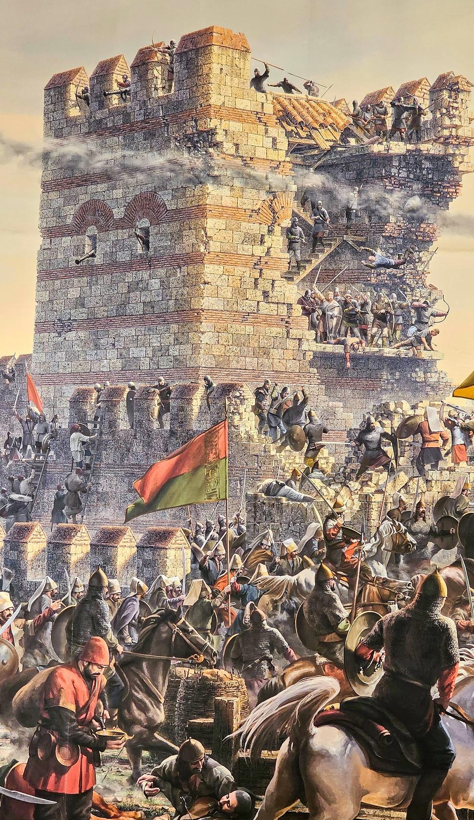 Scéna z Panoramatického múzea - dobývanie hradieb Konštantínopola.