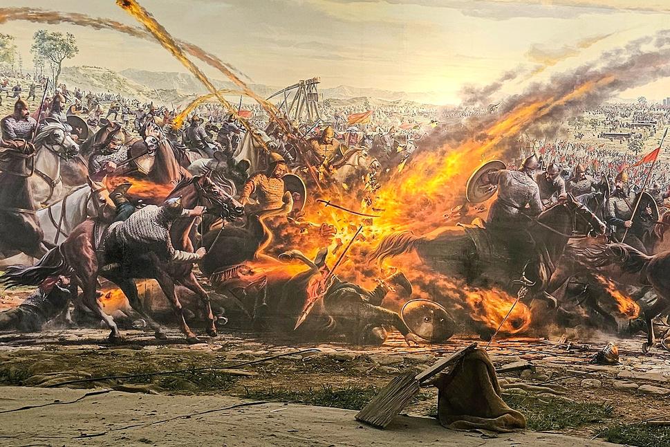 Scéna z Panoramatického múzea - dobývanie hradieb Konštantínopola.
