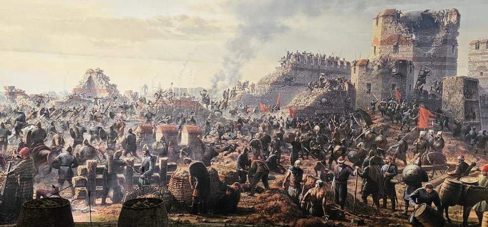 Scéna z Panoramatického múzea - dobývanie hradieb Konštantínopola.