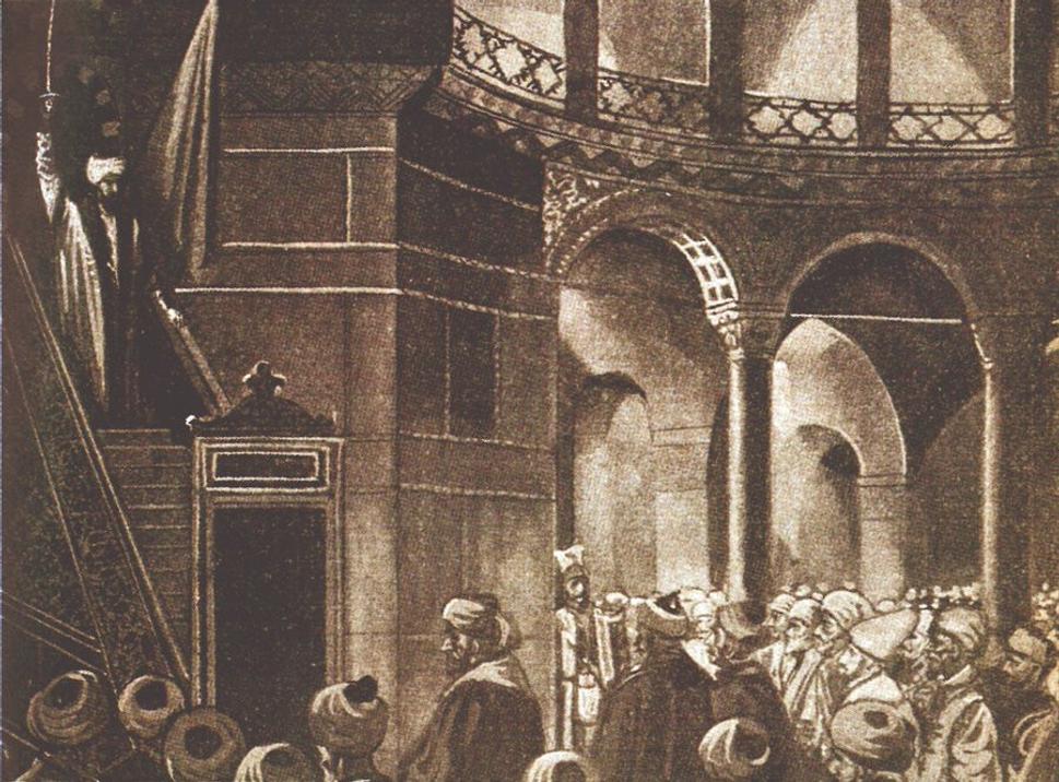 Zobrazenie kázne/modlitby, ktorú predniesol sultán Mehmed II. Dobyvateľ s mečom v ruke v chráme Hagia Sofia.