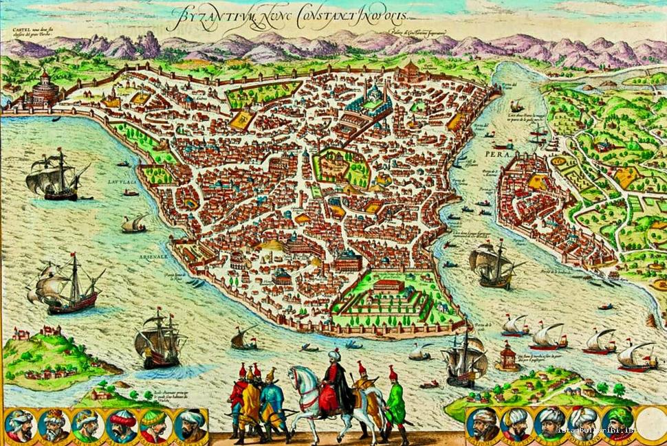 G Braun & F. Hogenberg, Pohľad na Istanbul, 1572, medená tlač