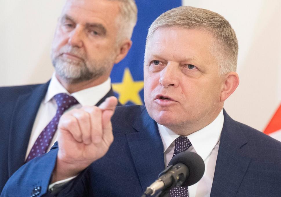 Slovak PM Robert Fico (r) and Deputy Speaker Tibor Gašpar (l) during a press conference in Bratislava on Tuesday, July 29, 2025.