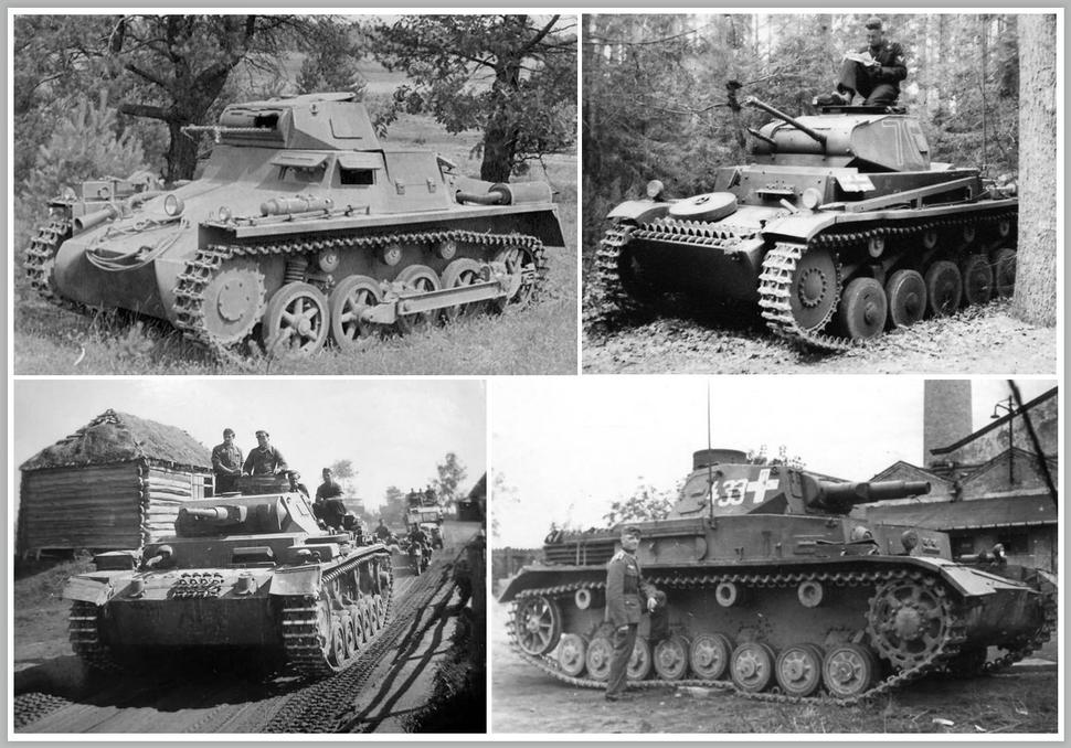 Nemecké tanky z obdobia jún / júl 1941 - Panzer I, Panzer II, Panzer III a Panzer IV. Tanky Panzer II a Panzer III boli vyvíjané na území ZSSR, na nemeckej základni KAMA neďaleko Kazane, za výdatnej asistencie sovietov