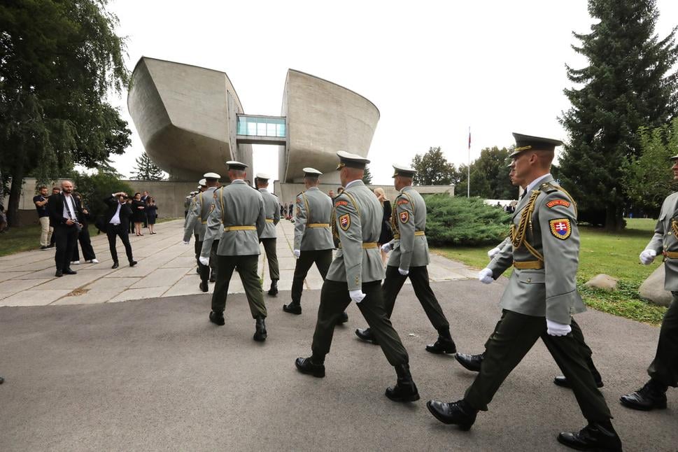 Honour guard of the Slovak Armed Forces at the commemorations of the 81st anniversary of the Slovak National Uprising at the grounds of the SNP Museum in Banská Bystrica, Friday, 29 August 2025.