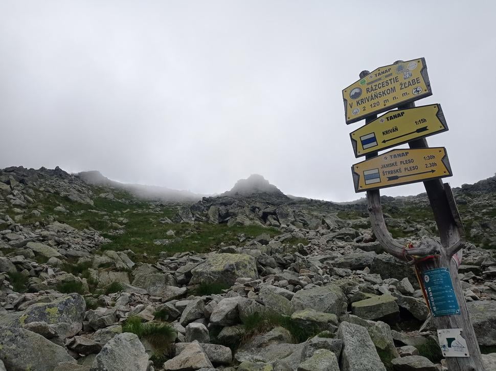 Na rázcestí máme 5,6 kilometra za sebou. Na vrchol to je už iba jeden, ale píšu ešte hodinu času.