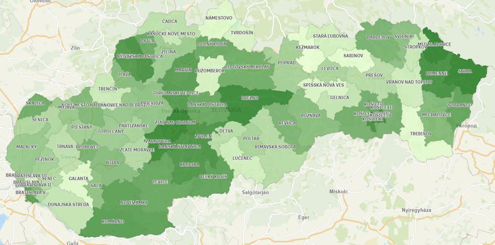 1. Priemerné náklady na poistný kmeň Dôvery v okresoch. Čím tmavší farebný odtieň, tým je hodnota vyššia.
