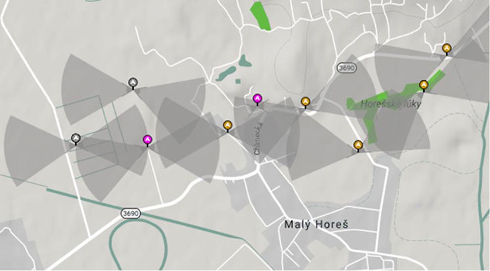 Mapa pevností a ich palebných priestorov v chotári obce