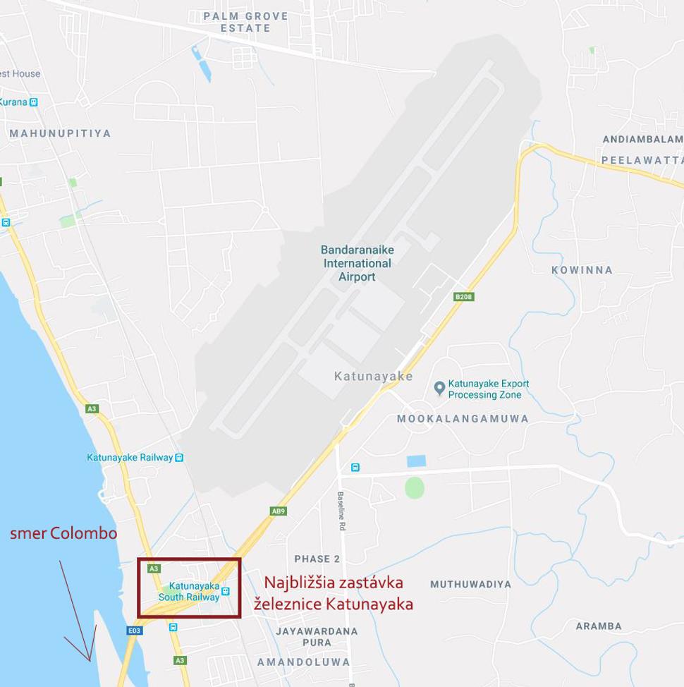 Okolie letiska Bandaranaike a možnosti dopravy do Negomba alebo Colomba