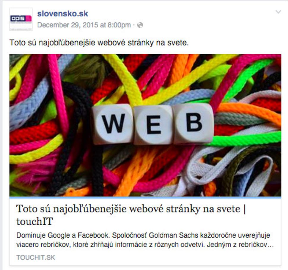 Príspevok na Facebook stránke Slovensko.sk