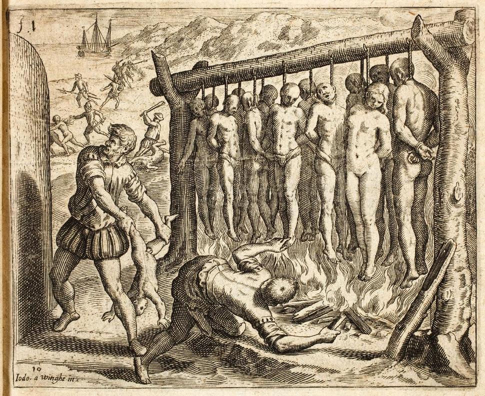 Na tejto kresbe Bartolomé de las Casas pranieruje genocídu pôvodných obyvateľov Ameriky.