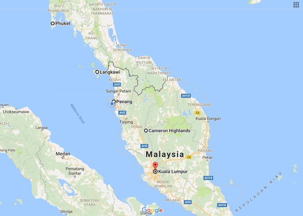 Mapa Malajzie a okolia
