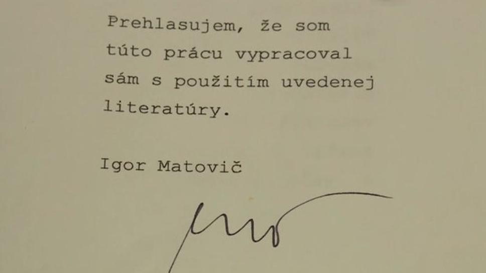 Prehlásenie z diplomovej práce Igora Matoviča.