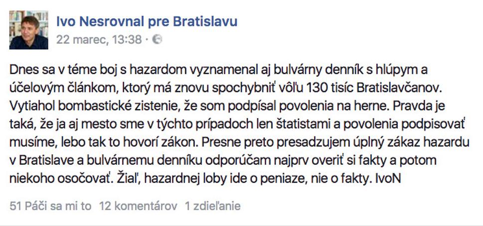 Príspevok I. Nesrovnala na jeho facebookovej stránke