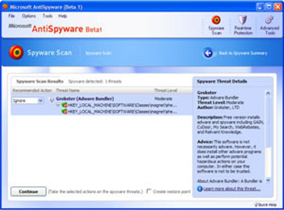Microsoft AntiSpyware sa vyznačuje prehľadným a na pohľad ľúbivým užívateľským rozhraním.